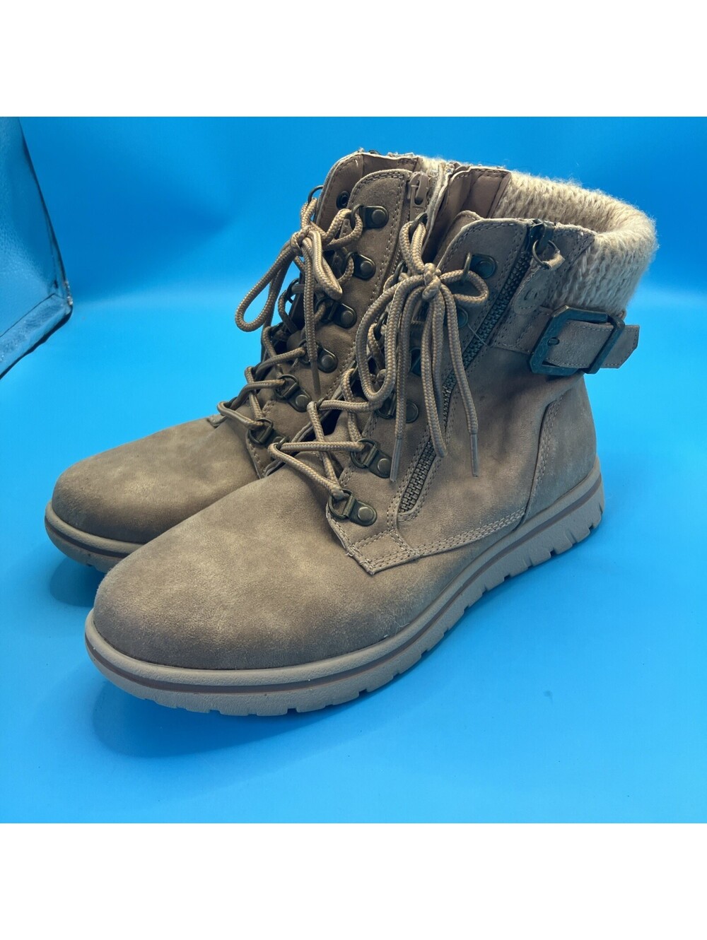 Cliffs by White Mountain Hearty Tan Combat Boots Knit Collar Womens Size 9.5